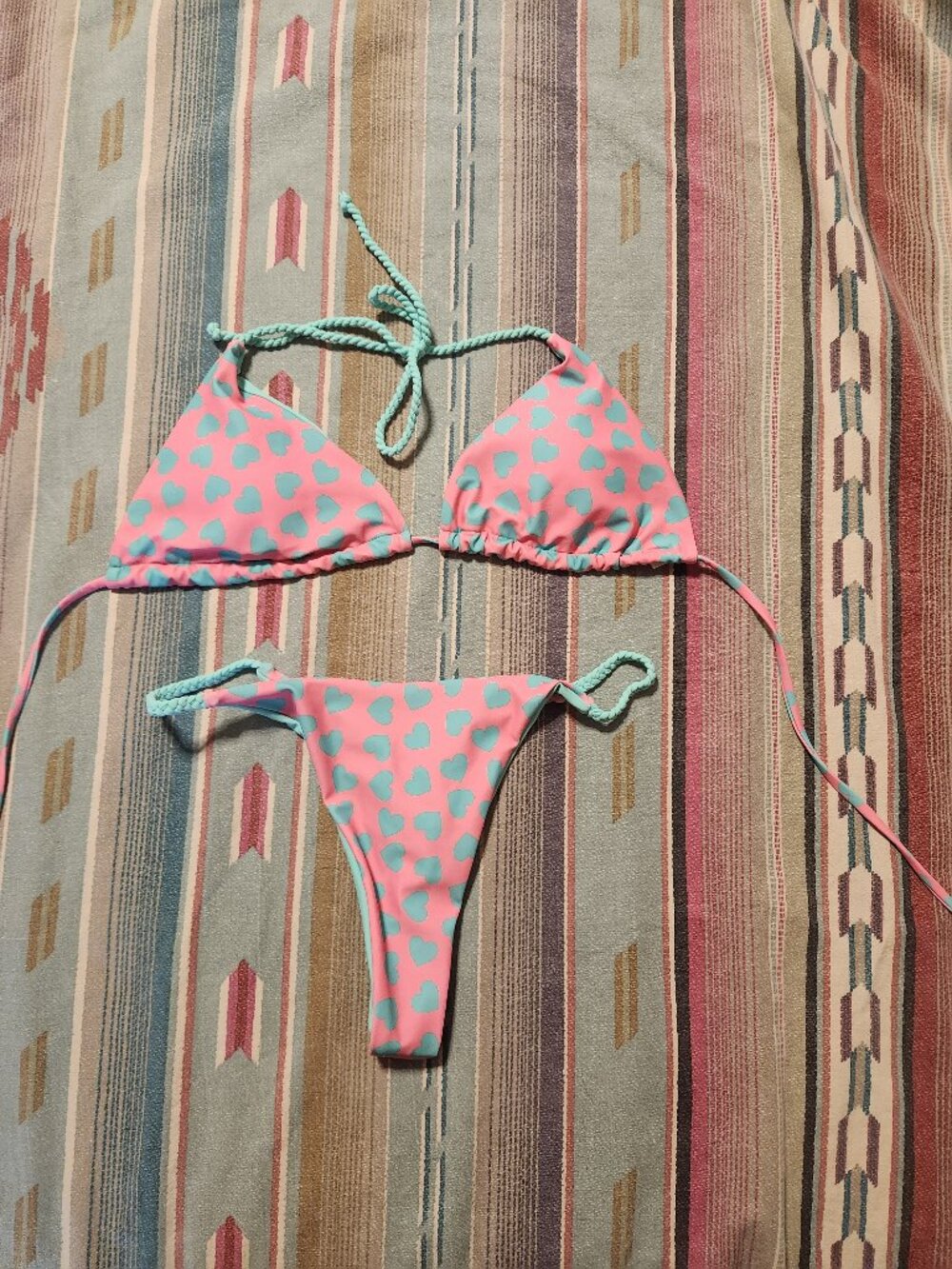 Pink Thong Bikini with Baby Blue Hearts- Women's size Large